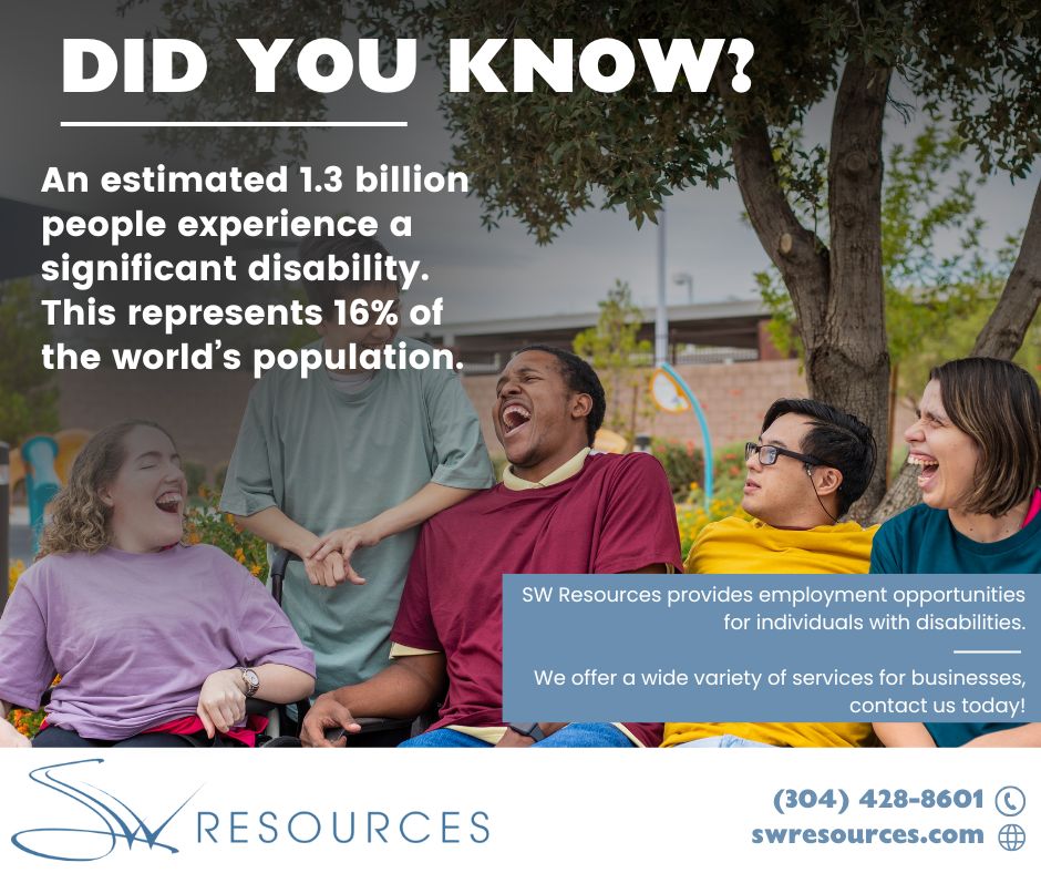 SWResources's tweet image. Did you know an estimated 1.3 billion people experience a significant disability?

SW Resources is a nonprofit that provides employment opportunities for individuals with disabilities.

Contact us today at (304) 428-6344!

#SWResources #Nonprofit #DidYouKnow