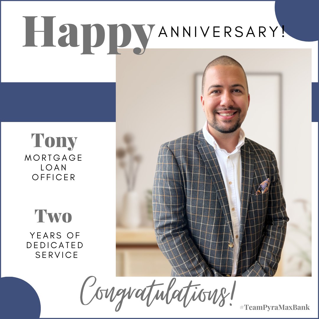 We are thrilled to celebrate the two-year anniversary of our dedicated Mortgage Loan Officer at the Waukesha Branch. Tony's commitment to building relationships and turning homeownership dreams into reality has made a significant impact on our team and clients. #TeamPyraMaxBank