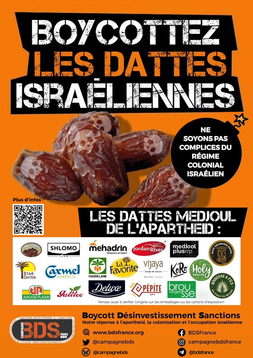 ❌ Boycott des dattes de l’apartheid israélien !

La culture des dattes est l’activité agricole principale de près de 50 % des colonies illégales de la vallée du Jourdain en Palestine occupée.

Privilégiez les dattes palestiniennes !

bdsfrance.org/boycottons-les…
