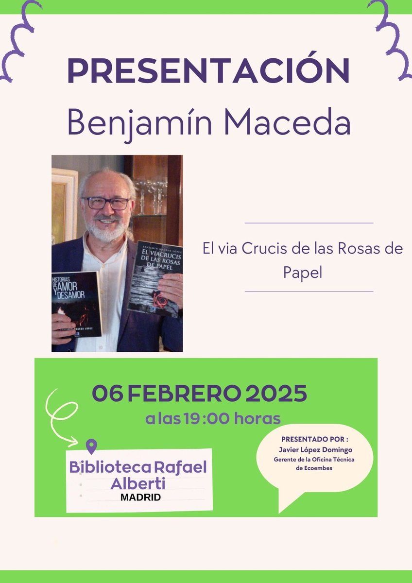 Esta vez sí que sí.
Será un honor poder presentar EL VIACRUCIS DE LAS ROSAS DE PAPEL de Benjamín Maceda el jueves 6 de febrero a 19h en la biblioteca Rafael Alberti de Madrid (Sanjenjo 38).
Una novela absorbente ambientada en el Vallecas del final del siglo XX. ¡No te lo pierdas!