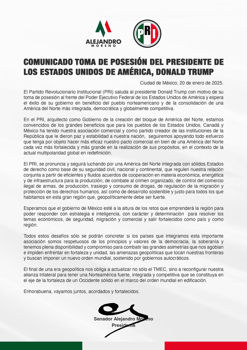 Saludamos al presidente <a href="/realDonaldTrump/">Donald J. Trump</a> por su toma de posesión y reiteramos nuestro compromiso de trabajar por una América del Norte más fuerte, integrada y próspera, basada en la cooperación y el respeto mutuo.