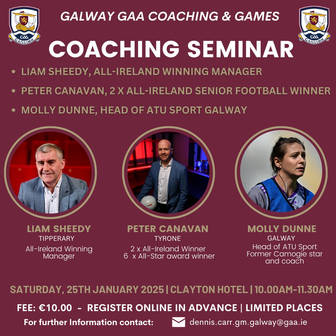 🚨REMINDER🚨

Our 2025 Coaching seminar takes place this Saturday!

Come along for some top quality coaching insights!

📍Clayton Hotel Galway
📅January 25th
🕐10am-11:30am

🗨️Liam Sheedy
🗨️Peter Canavan
🗨️Molly Dunne

Book via link below:
universe.com/events/galway-…