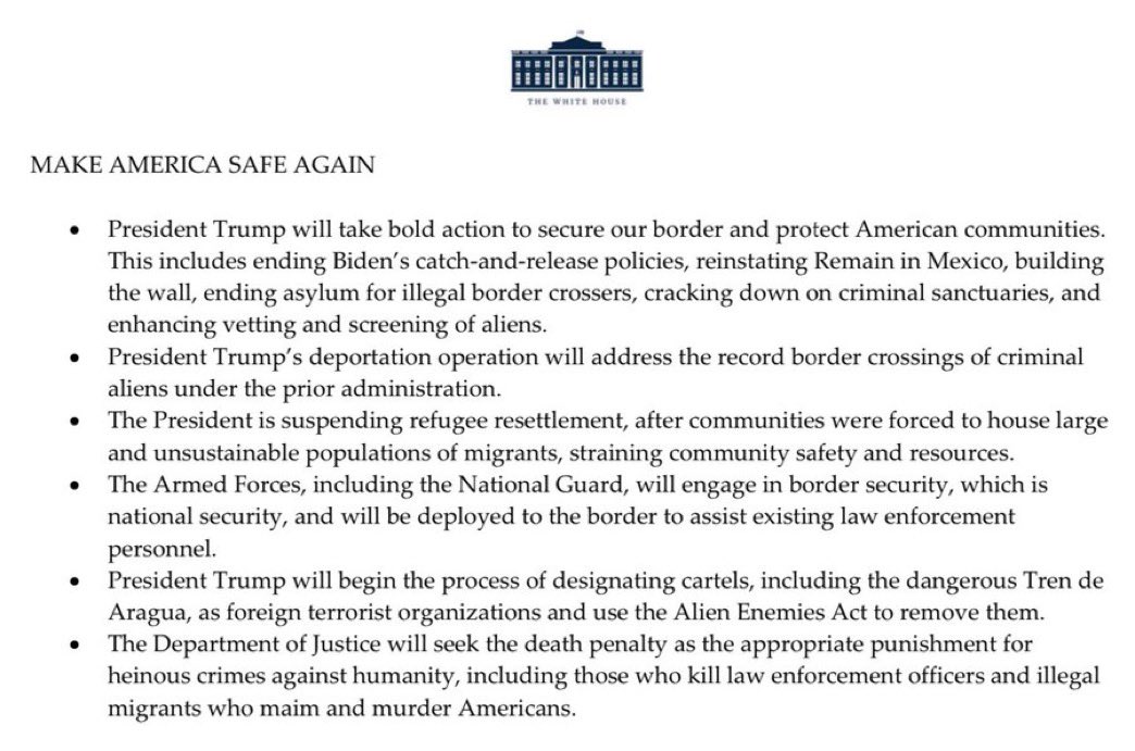 UHN_Plus's tweet photo. 🇺🇸🇻🇪 | CONFIRMADO

El presidente Donald Trump declarará al Tren de Aragua como una amenaza a la seguridad nacional. Con esta designación, el gobierno puede usar herramientas legales como la Ley de Enemigos Extranjeros para desmantelar sus operaciones.

Además, Trump refuerza la seguridad fronteriza con el fin de “captura y liberación”, el regreso del programa “Permanecer en México” y el despliegue de tropas en la frontera. También anuncia que buscará la pena de muerte para crímenes de lesa humanidad.
