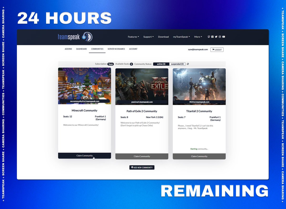 teamspeak's tweet image. 24 hours remaining...

TeamSpeak Hosted Servers ✅

Introducing Communities, allowing you to directly purchase your own TeamSpeak Server through myTeamSpeak. Set up and manage your servers all in one place without having to deal with complex server files and server configurations