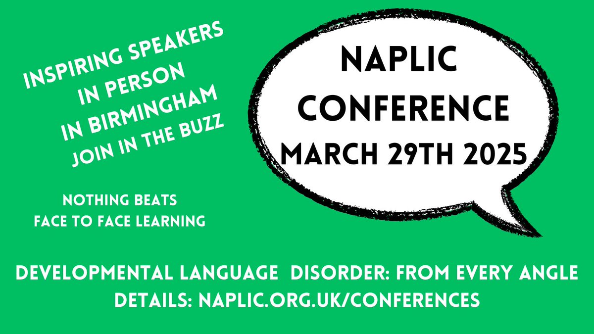 Join us in Birmingham for a day of fantastic CPD on March 29th.
‘DLD from every angle’: lived experience, families, professionals and researchers all face to face.
Full details: naplic.org.uk/conferences #DevLangDis