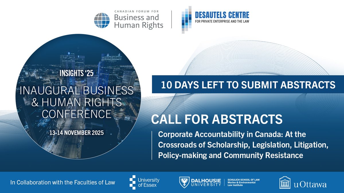 Desautels Centre (@desautelscentre) on Twitter photo 📢 10 Days Left to Submit your Abstracts!⏳
Don’t miss this chance to contribute to corporate accountability in Canada!
🖋️ Submit: 300 word abstract + 5 keywords
📧 Email: CanadianForumForBHR@umanitoba.ca
⏰ Deadline: January 30, 2025
🔗 Details: canadianforumforbhr.ca/news-upcoming-… 📢 10 Days Left to Submit your Abstracts!⏳
Don’t miss this chance to contribute to corporate accountability in Canada!
🖋️ Submit: 300 word abstract + 5 keywords
📧 Email: CanadianForumForBHR@umanitoba.ca
⏰ Deadline: January 30, 2025
🔗 Details: canadianforumforbhr.ca/news-upcoming-…