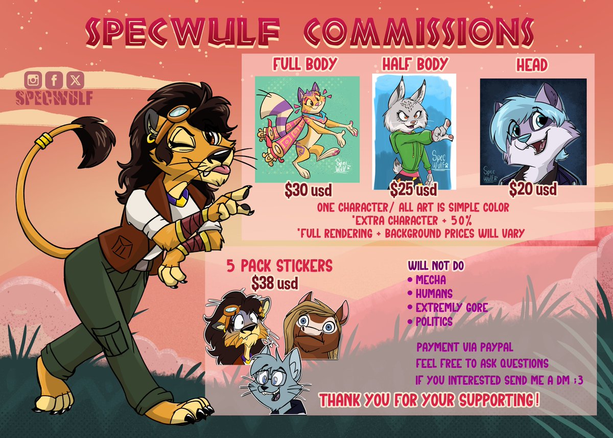 ✨Open Commissions ✨
Hi! I'm opening commissions,
Are interested you? my DMs are open. 📩
Is there a specific style you would like? Feel free to check out my social media and let me know. linktr.ee/SpecWulf  
If you reshared, I'll be highly grateful. 💖