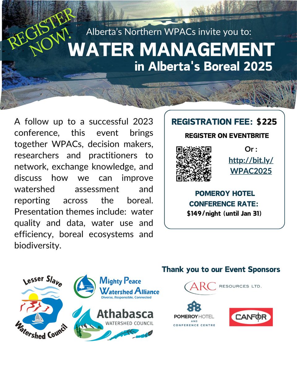 There's  1 month left to register for Water Management in Alberta's Boreal! This  year's conference will be all about the state of boreal watersheds,  with engaging presentations and networking opportunities on a variety of  topics. Reigster: eventbrite.ca/e/water-manage…
