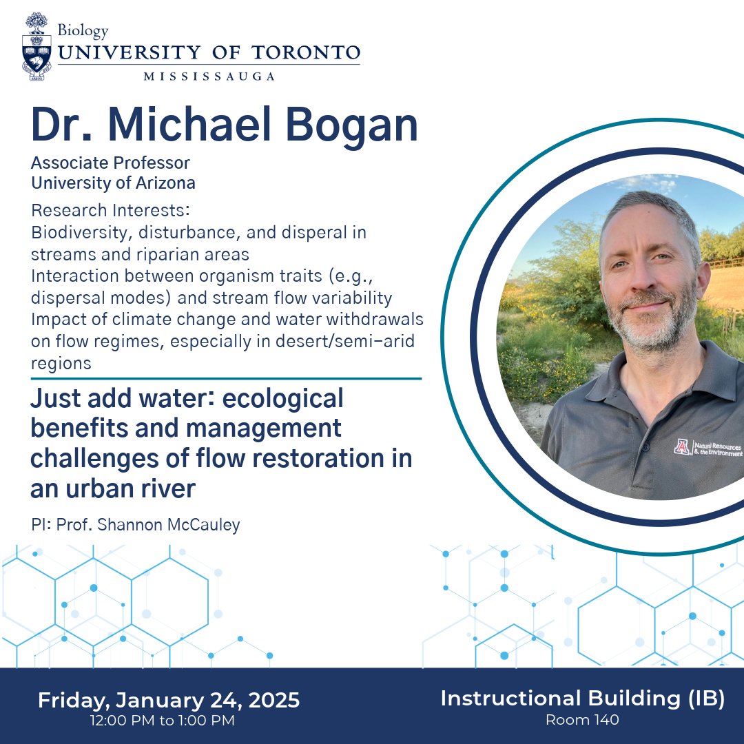 This week's seminar guest is Dr. Michael Bogan from the University of Arizona where he is an associate professor of Aquatic Ecology in the School of Natural Resources and the Environment! 🐟🌊

📅 Friday, January 24, 2025
🕓 12PM-12:30PM
📍IB140

PI: Prof. Shannon McCauley