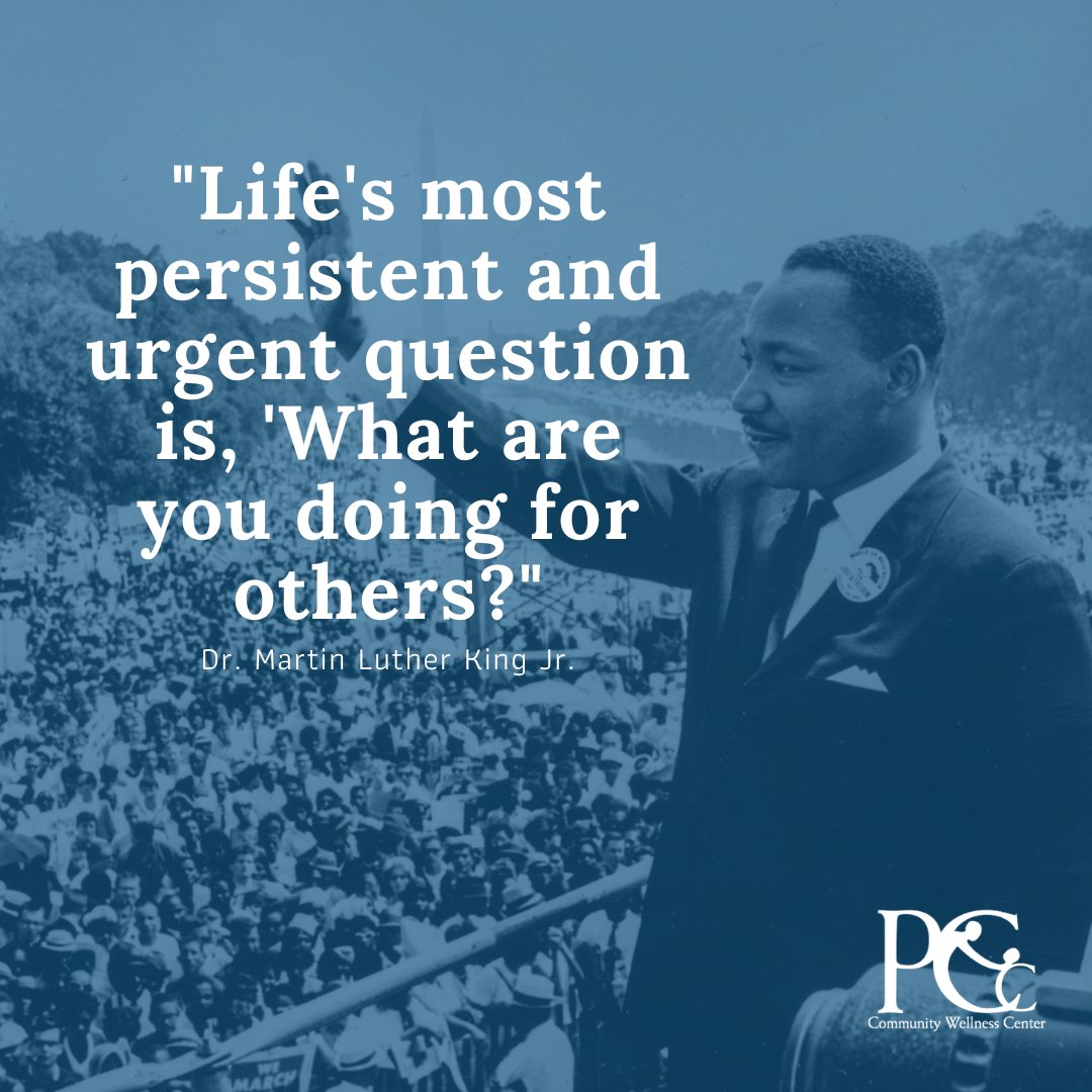 pccwellness's tweet photo. Reflecting on Dr. Martin Luther King Jr.'s words today: 'Life's most persistent and urgent question is, 'What are you doing for others?'' Let’s work together for a better, healthier future. #MLKDay #JusticeForAll #Healthcare #PCCWellness https://t.co/MtQTXMVNAy