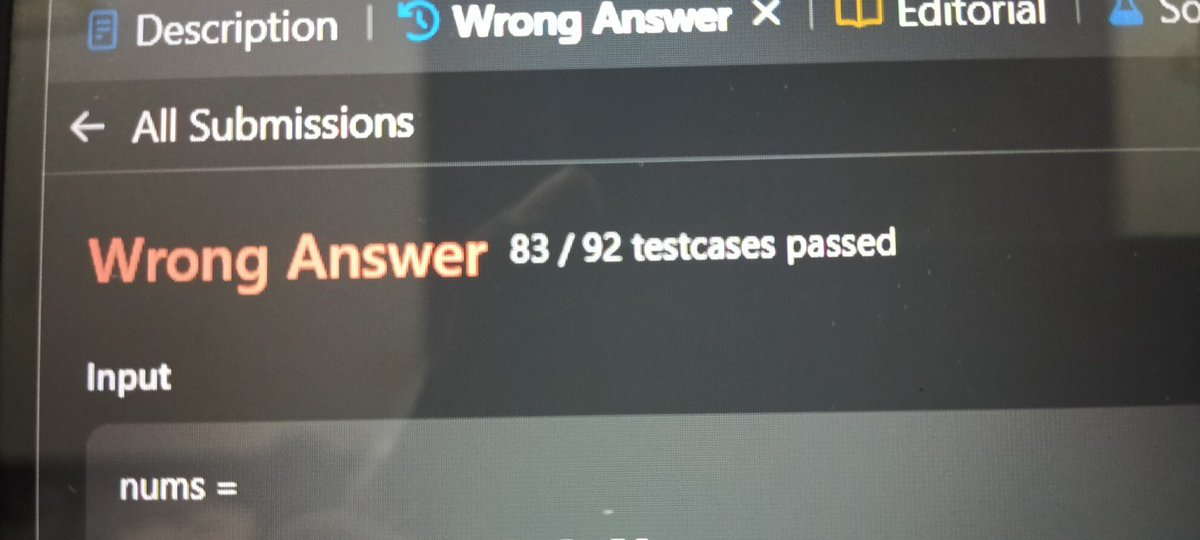 vardhan2505's tweet image. Spent 1 hour on a single LeetCode question, only to get stuck on 9 test cases. Frustration level: 100! 💻🤦‍♂️ #CodingStruggles #LeetCode