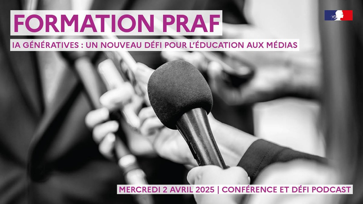 📢Participez à une journée dédiée aux enjeux des IA génératives dans l'EMI. Au programme : 
🎤 Conférence : « Les IA Génératives : un nouveau défi pour l’EMI »
🎧 Défi Podcast : Créez un podcast sur l’IA en équipe !
🗓️ Mardi 2 avril 2025
👉Plus d'infos : shorturl.at/VaIsa