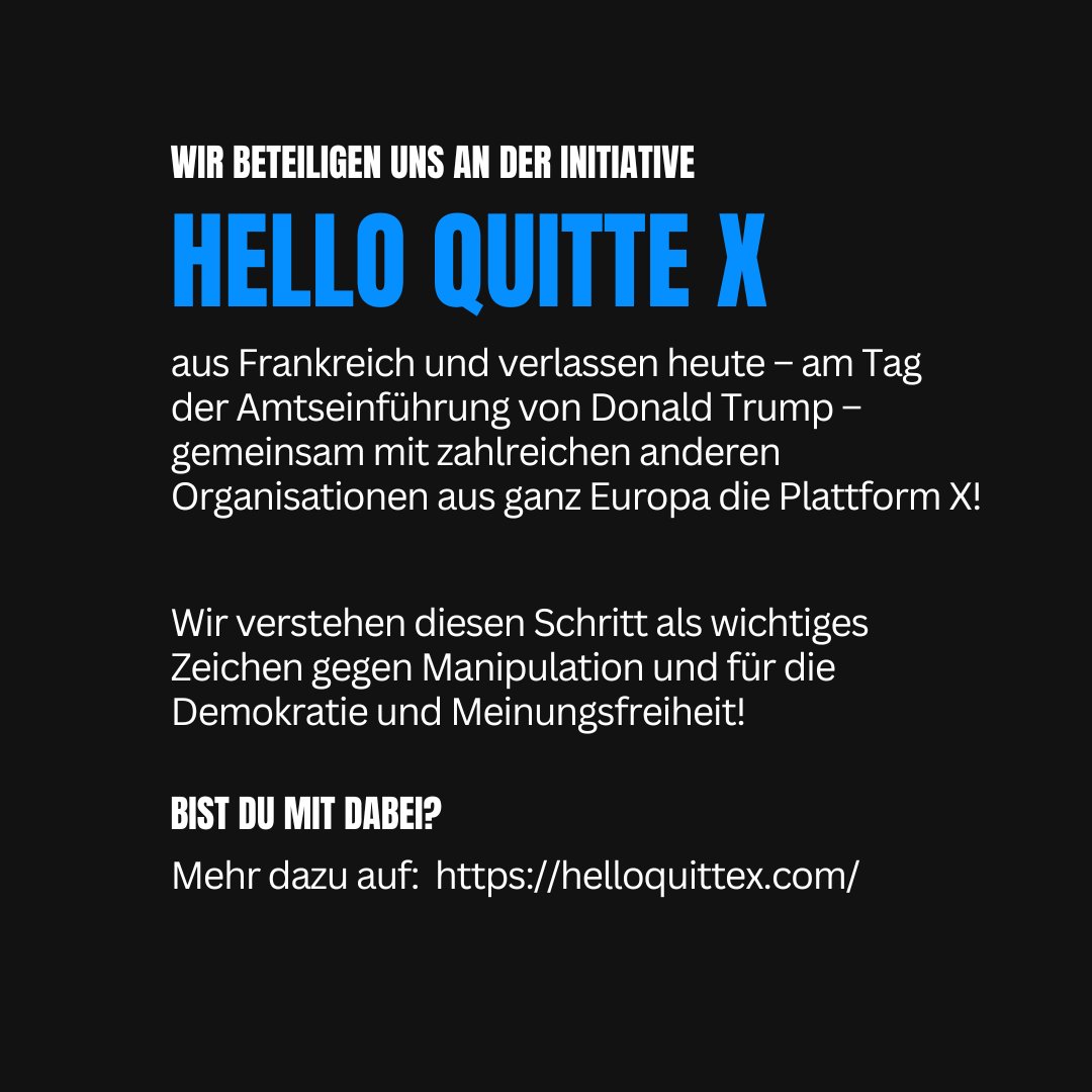Bye, X! Bye, Hass &amp; Hetze!
Über 80 Organisationen aus Europa verlassen heute zu Trumps #Amtseinfuehrung  X – auch wir. Ein demokratischer Diskurs ist hier unmöglich geworden. Die Demokratie braucht Schutz, auch online.  #eXit
👉 Ihr findet uns auf BlueSky: bsky.app/profile/buerge…