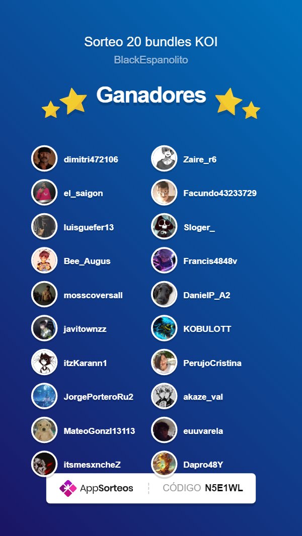 Aquí están los 20 ganadores (hablad a <a href="/irenenaruba/">Naru Buvelle 🦊</a> para daros el premio). Enhorabuena a todos ❤️
<a href="/dimitri472106/">Dimitri</a> <a href="/Zaire_r6/">Óscar Zaire</a> <a href="/el_saigon/">El Saigon</a> @Facundo43233729 <a href="/luisguefer13/">Luisguefer13</a> <a href="/Sloger_/">Andy_Sloger</a> <a href="/Bee_Augus/">Augus III || Danuchi12</a> @Francis4848v <a href="/mosscoversall/">Damned if I do damned if I don't</a> <a href="/DanielP_A2/">Daniel:)</a> <a href="/javitownzz/">~Javi~</a> <a href="/KOBULOTT/">KOBU Gg</a> @itzKarann1 <a href="/PerujoCristina/">Cristina Perujo M.</a>