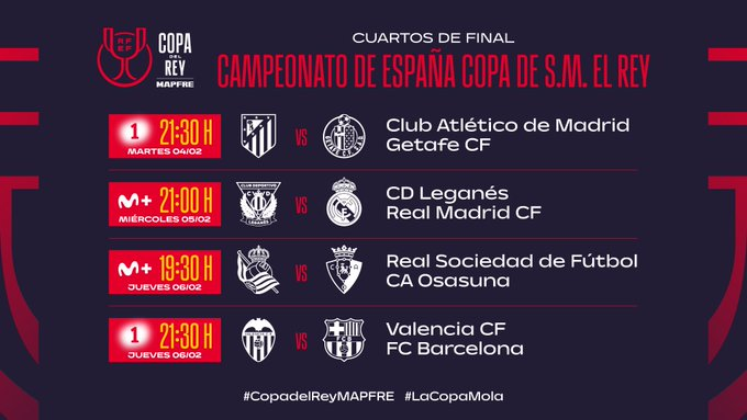🗓️ La <a href="/rfef/">RFEF</a> ha comunicado que el partido de cuartos de final de Copa del Rey ante la <a href="/RealSociedad/">Real Sociedad Fútbol</a> se disputará el jueves 6 de febrero a partir de las 19:30 horas.  

#RealSociedadOsasuna