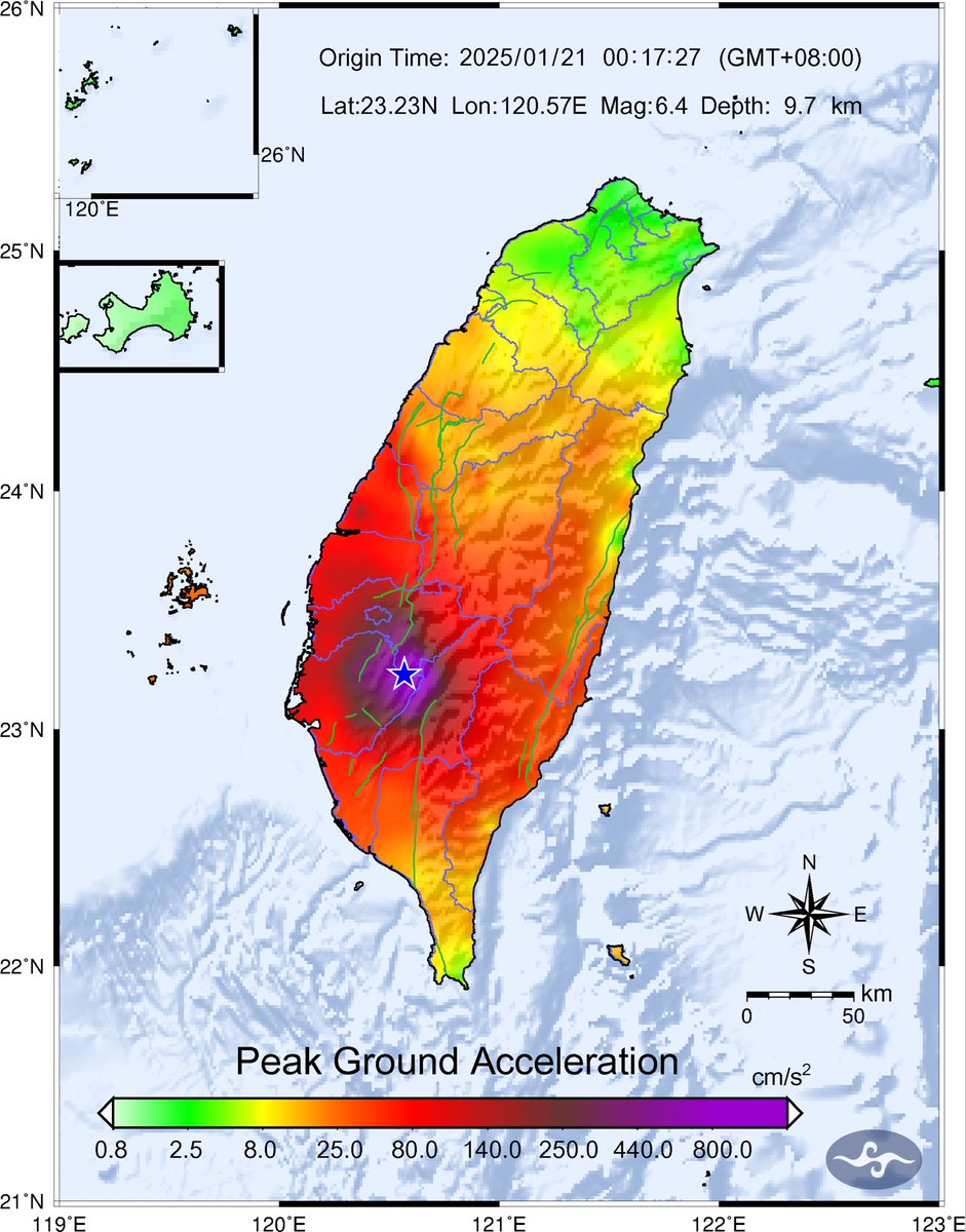 Mw 6.4 earthquake here in Taiwan half an hour ago. Ground shaking for a good 20 seconds up here in Zhongli (west of Taipei). Heavy ground shaking around the epicentre according to this map - hope not too much damage