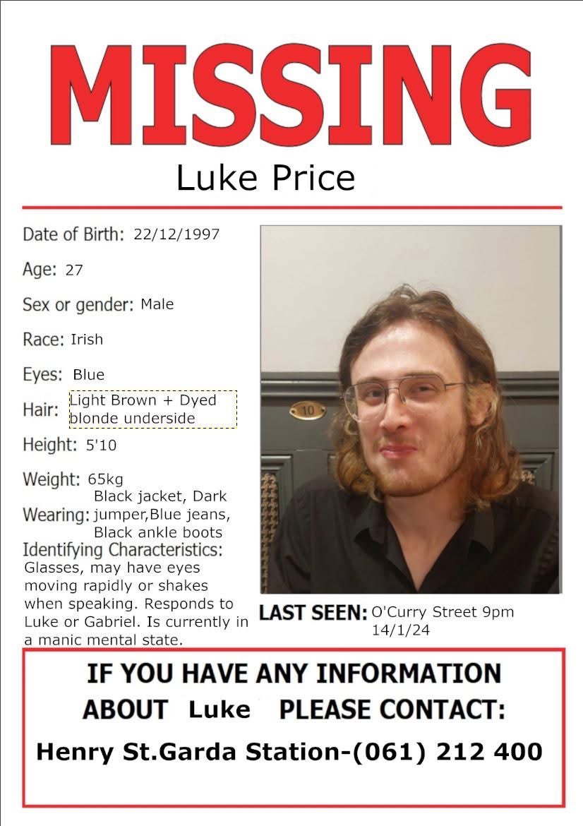 elisaodonovan's tweet photo. 🚨 Luke is still missing in Limerick City 🚨 He is 5’10 with light brown hair and was wearing a dark jumper when he went missing. He was last seen in O’ Curry street area. Please, please keep a look out for him and contact Garda if you think you see him https://t.co/mbGBwg17hG