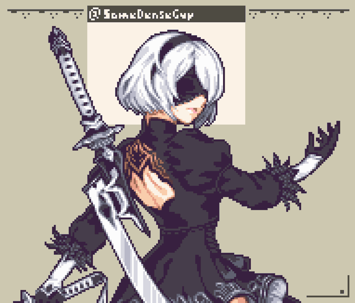 SomeDenseGuy's tweet photo. NieR Automata - YoRHa No.2 Type B - 2B! 
#NieRAutomata #ニーアオートマタ #pixelart #ドット絵 https://t.co/BLcpAzPTlS