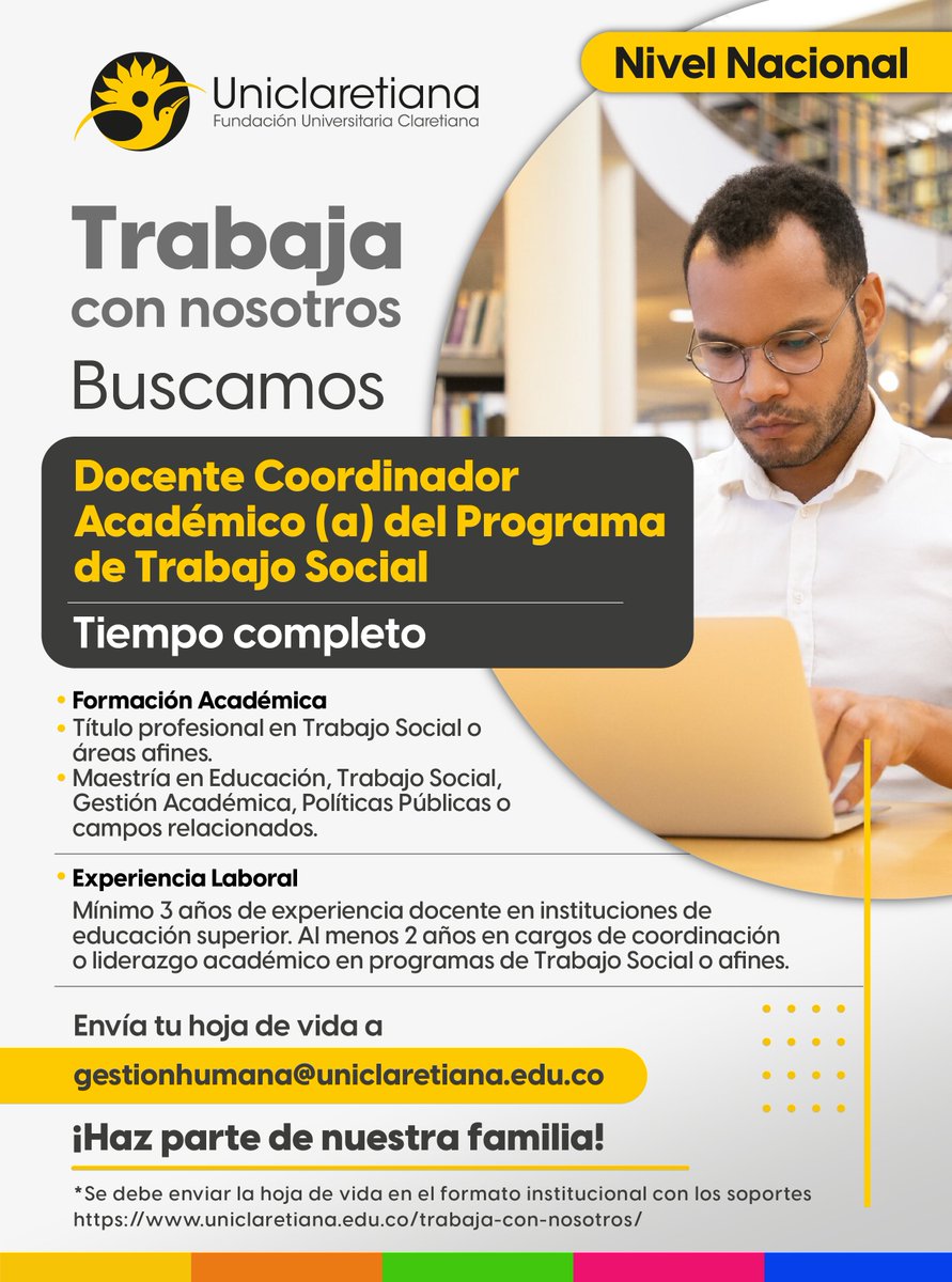 Te invitamos a formar parte de nuestra familia, actualmente, contamos con 3 vacantes a nivel nacional:

En Uniclaretiana valoramos la excelencia, la vocación educativa y el compromiso con el desarrollo de nuestras comunidades. 

Conoce más detalles aquí: lnkd.in/egjBADiF