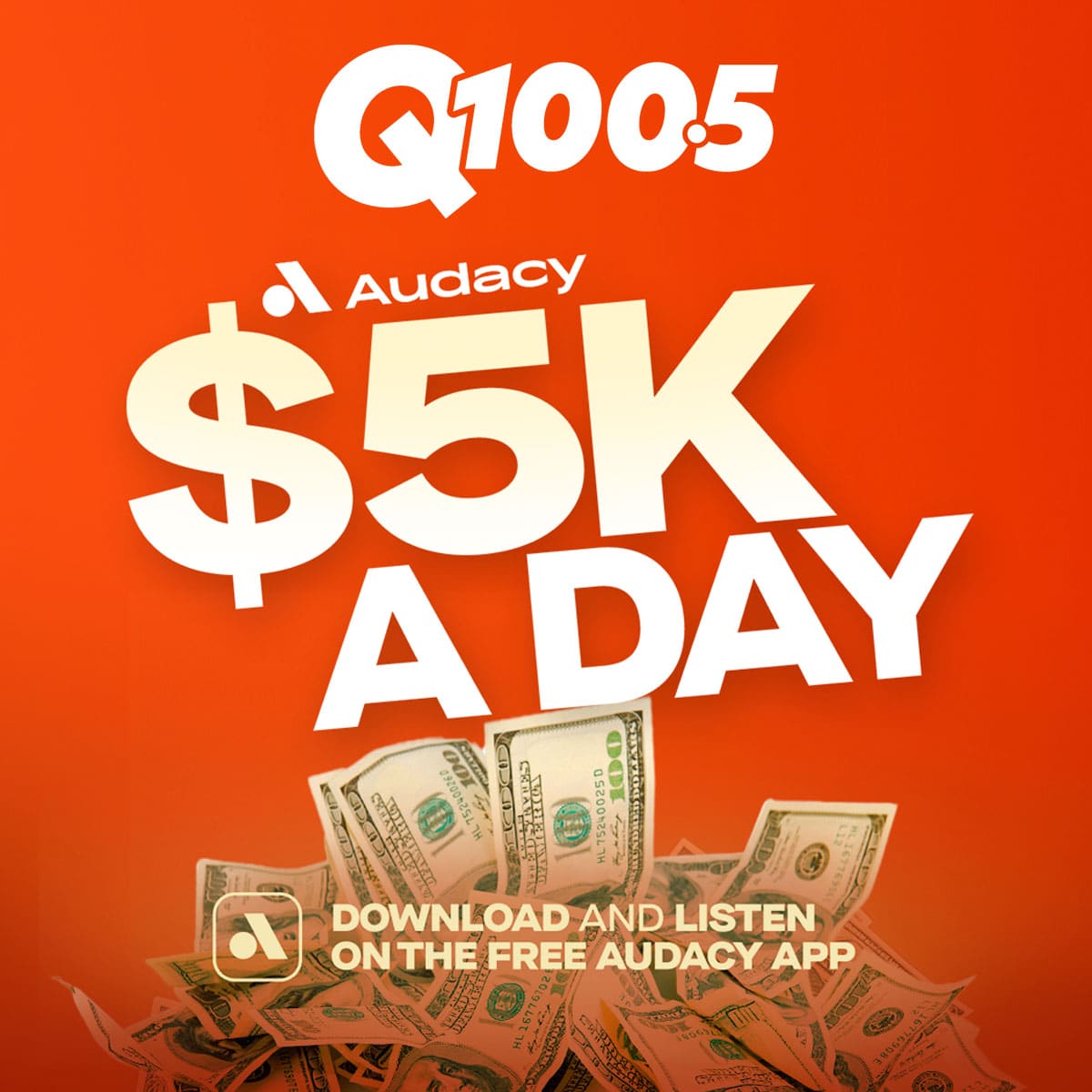 Keep listening to Q100.5 on the FREE Audacy App and you could win $5,000 in this national contest weekdays, now through 2/7! Listen to our station for one hour to get your entry. Download &amp; Listen: bit.ly/4heq2uk Contest rules: bit.ly/40wEoRt