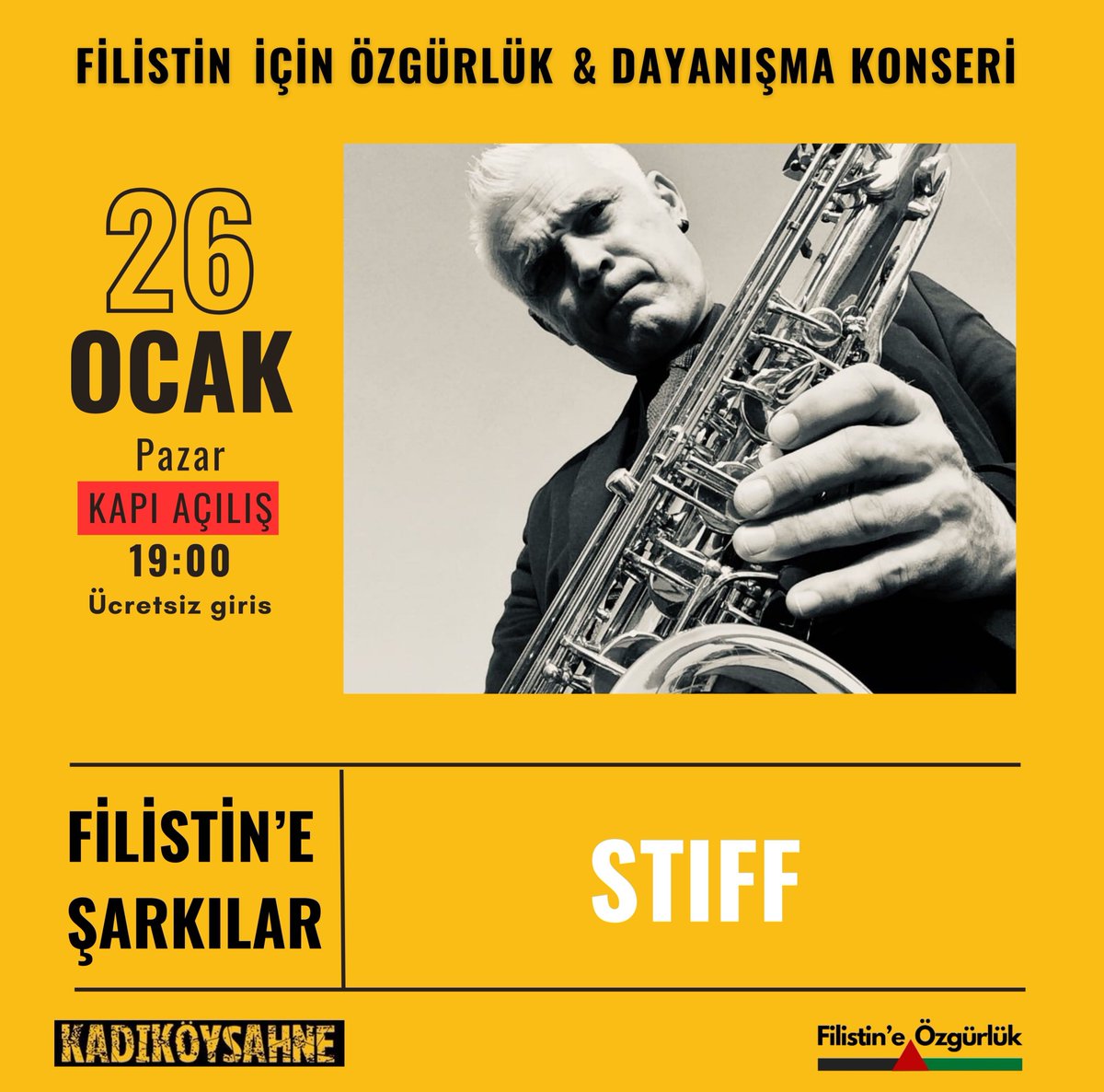 🎶 #FilistineŞarkılar
Rashit ve Kum &amp; Bedeviler gruplarının saksafonist, piyanist ve klarnetçisi Stiff de bir kez daha bizimle!

Filistin'in özgürlük mücadelesine sesleri ve sözleriyle güç katan değerli müzisyen dostlarımızı dinleyeceğimiz bu konserde buluşalım, Filistin halkı