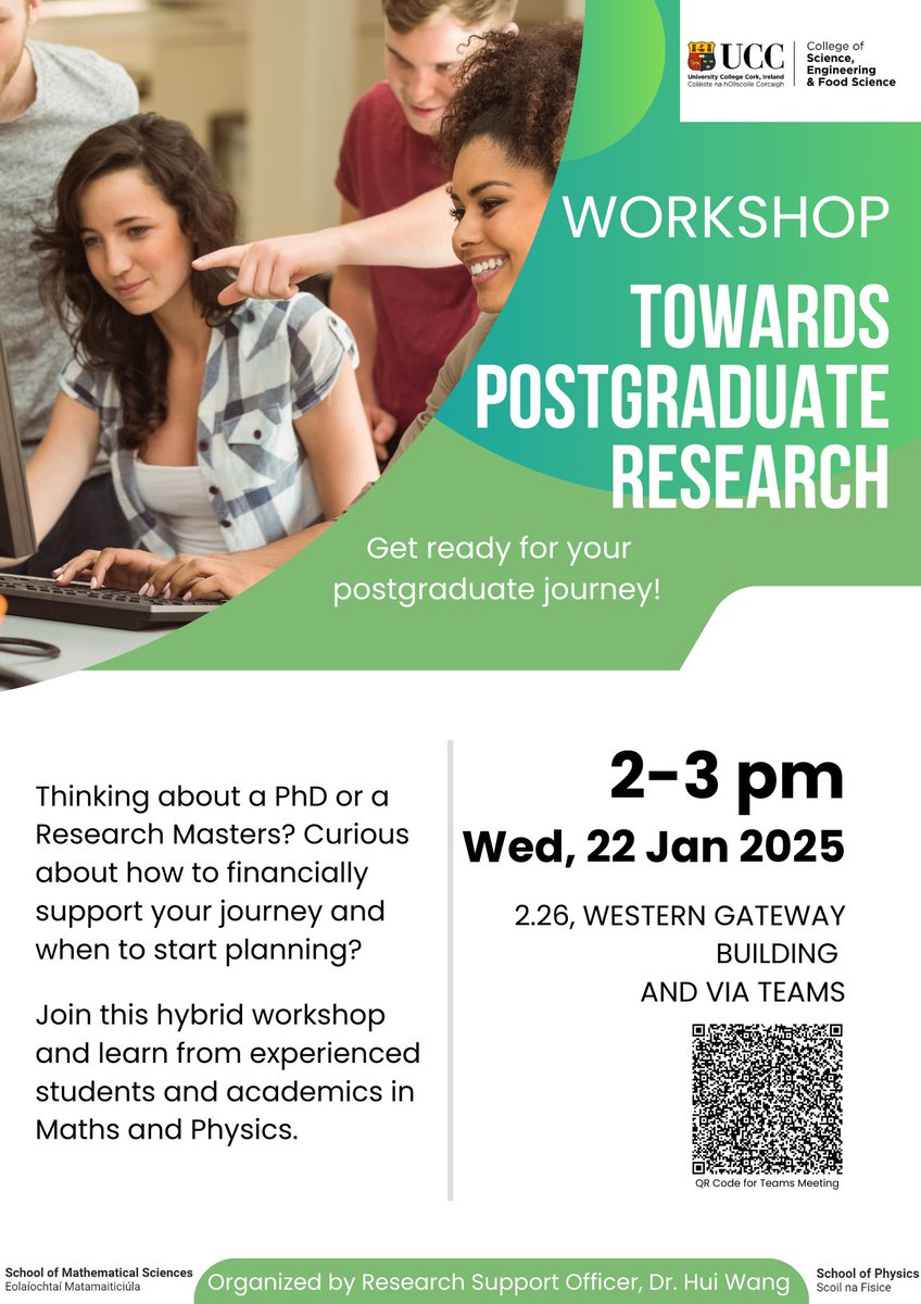 This Wed, 22nd Jan, an information session will take place on Master's/Ph.D. funding for #physics and #maths students.
Dr. Christopher Broderick @UCCPhysics will speak about the GOIPG Scholarship Programme.
See flyer below for more details and QR code for workshop! 
<a href="/UCCsms/">UCC Math Sciences</a>