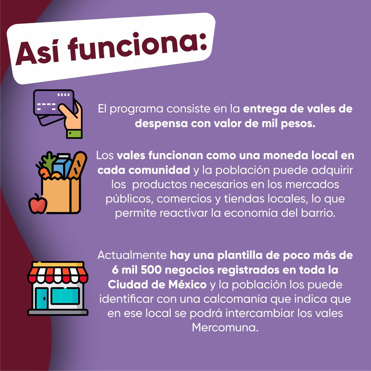 MarthaAvilaCDMX's tweet photo. El programa #MERCOMUNA💳 generará en la #CDMX un doble impacto, debido a que  se contribuye a la seguridad alimentaria de las familias y, a su vez, se promueve la resiliencia económica de los pequeños comercios y productores, quienes son actores imprescindibles de la economía local.