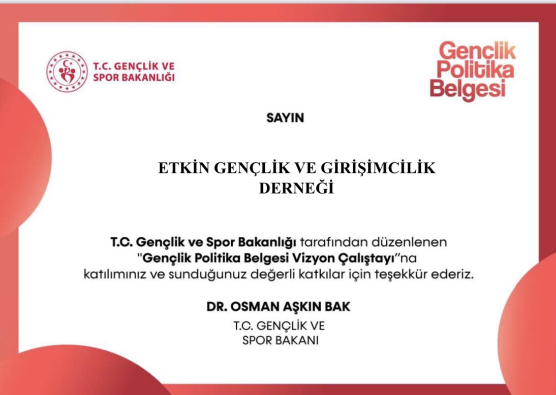 T.C. Gençlik ve Spor Bakanlığı tarafından düzenlenen “Gençlik Politika Belgesi Vizyon Çalıştayı”na katılım sağladık. Gençlerin geleceğine yönelik politikaların oluşturulmasında katkı sunmaktan gurur duyuyoruz.Geleceğe dair fikirlerimizle gençlerin sesini duyurmaya devam edeceğiz!