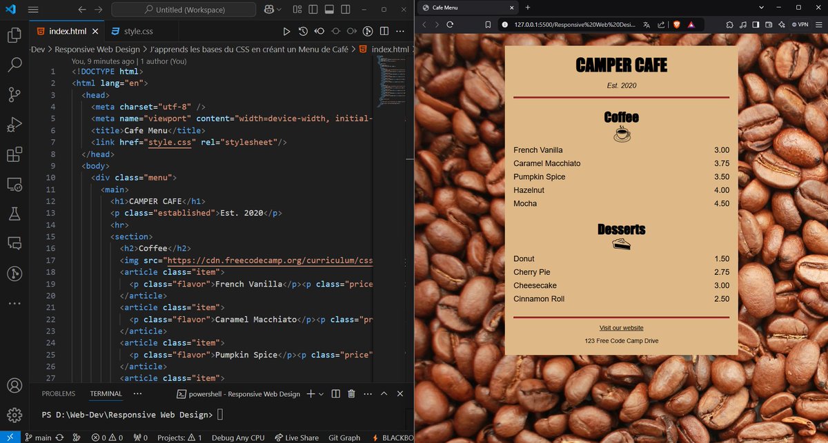 dereal_ismael's tweet image. Jour 22/30 : J’apprends les bases du CSS en créant un Menu de Café
#CSSChallenge #30DaysOfCSS #LearnCSS #freecodecamp
 💻youtube.com/@licode30?si=D…
📚freecodecamp.org/learn/2022/res…