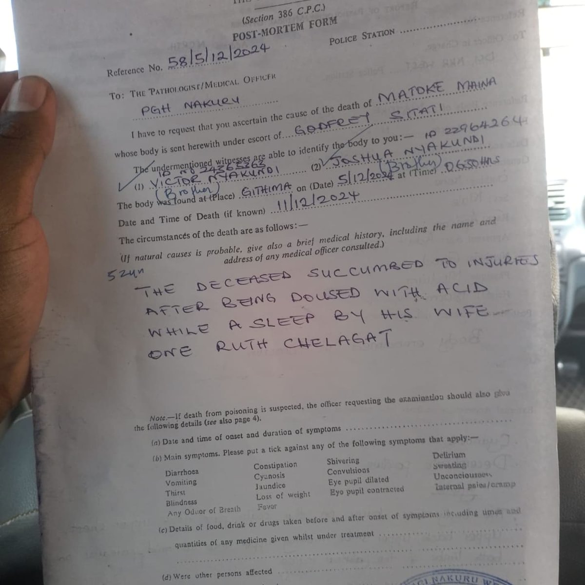 NjeriWaMigwi's tweet photo. TRIGGER WARNING : GRAPHIC IMAGES ON FRAME 4

This is Elijah Matoke
He was 52 years of age.
He was a business man

This case was brought to us by his daughter who is crying for justice for her father. We have been in contact and offered grief counselling to the family.

Mr Matoke had met and married his second wife Ruth Chelagat in 2008 . At the time of marriage Ruth had three biological children and her brother. Mr Matoke other children remained with their mother.  The couple had a large prosperous farm from which they were able to sell their farm produce. 

In 2023, Elijah started to lament that money was disappearing and two of his title deed had also disappeared. He told his older children that the marriage wasn't going well and his blood pressure was spiking, and it was going well for him as he was diabetic.

On several occasions Ruth had threatened to kill him but it was mostly dismissed as people said their marriage was quarrelsome.  

5th Dec, Ruth came in with a white jerrican, Matoke presumed it was water, she had once poured water. He went to sleep and around 3am he heard her rummaging around and asking her what was going on, she threatened to kill him. She removed the white jerrican and poured acid on him. He screamed for help but the neighbours assumed it was one of their quarrels.

She put him on a motorbike and rushed him to hospital. The nurses noticed she had acid burns on her hands but she refused treatment. Instead she rushed to the police and reported an intruder had poured acid on her partner. The police got on the scene to find her children and her brother trying to get rid of evidence including the mattress. She was arrested together with her son.

Mr Matoke suffered 40% acid burns including lose of one eye. He was able to record a voice note on what happened. Unfortunately his condition deteriorated rapidly and four days later he passed away.

His daughter Claris is asking for justice for her father as her step brother has already been released from custody and is now threatening her.

The matter is in Nakuru court and the family is asking for a lawyer to represent them and seek justice

An advocate that can help this family

#Usikimye