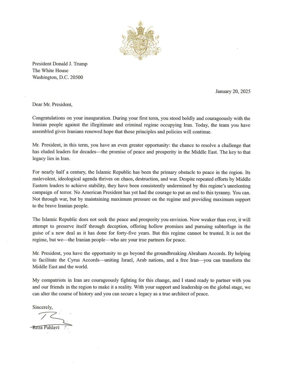 Reza Pahlavi (@pahlavireza) on Twitter photo My letter to President Donald J. Trump on his inauguration as the 47th President of the United States of America.
<a href="/realDonaldTrump/">Donald J. Trump</a> <a href="/JDVance/">JD Vance</a> <a href="/marcorubio/">Marco Rubio</a> <a href="/michaelgwaltz/">Mike Waltz</a> <a href="/SteveWitkoff/">Steve Witkoff</a> My letter to President Donald J. Trump on his inauguration as the 47th President of the United States of America.
<a href="/realDonaldTrump/">Donald J. Trump</a> <a href="/JDVance/">JD Vance</a> <a href="/marcorubio/">Marco Rubio</a> <a href="/michaelgwaltz/">Mike Waltz</a> <a href="/SteveWitkoff/">Steve Witkoff</a>
