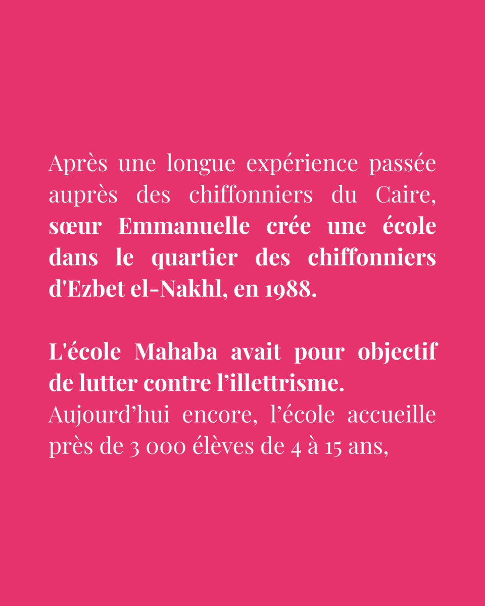 📚 En 1988, après des années aux côtés des chiffonniers du Caire, sœur Emmanuelle fonde l’école Mahaba à Ezbet el-Nakhl. 

Son objectif ? Lutter contre l’illettrisme et offrir un avenir meilleur aux enfants. 🌟

#éducation #solidarité #héritage