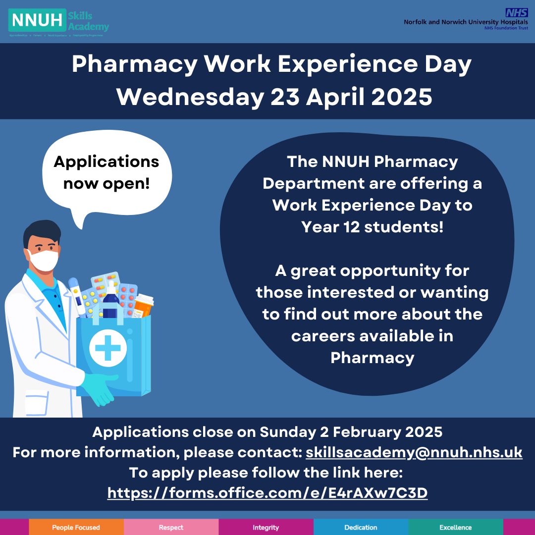 Applications for the NNUH's Pharmacy Work Experience Day are now open! 😁

To apply, please click the following link: forms.office.com/e/E4rAXw7C3D
