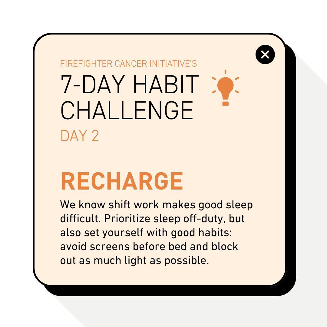fcifightscancer's tweet image. Sleep and shift work: name a more complicated duo. We get that firefighters can struggle with consistent sleep due to the nature of the job. We encourage you to prioritize sleep when off-duty. Also, try to avoid bright lights and screens before bed. #FCI7DayChallenge #FFCAM