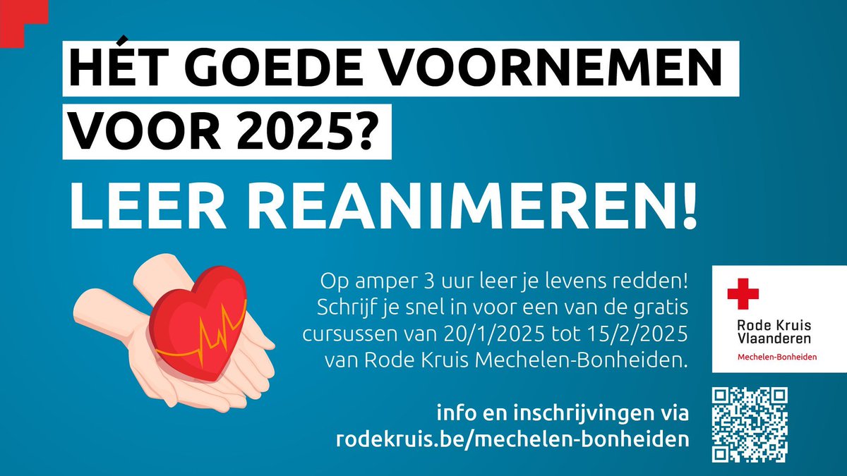 Binnen een uur begint de eerste sessie van onze cursusreeks in januari en februari. In de 7 volgende sessies zijn nog plekken beschikbaar, dus twijfel niet langer en leer hoe je moet reanimeren! #Reanimatie #EHBO #RodeKruis #ReanimerenKanJeLeren buff.ly/4jC8vyv