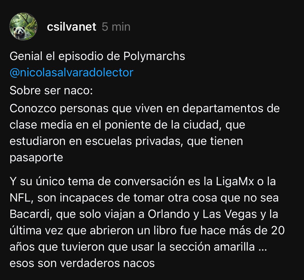 Sobre ser naco

Escuchen a Nicolás. Este episodio es genial
 open.spotify.com/episode/5KDgaF…