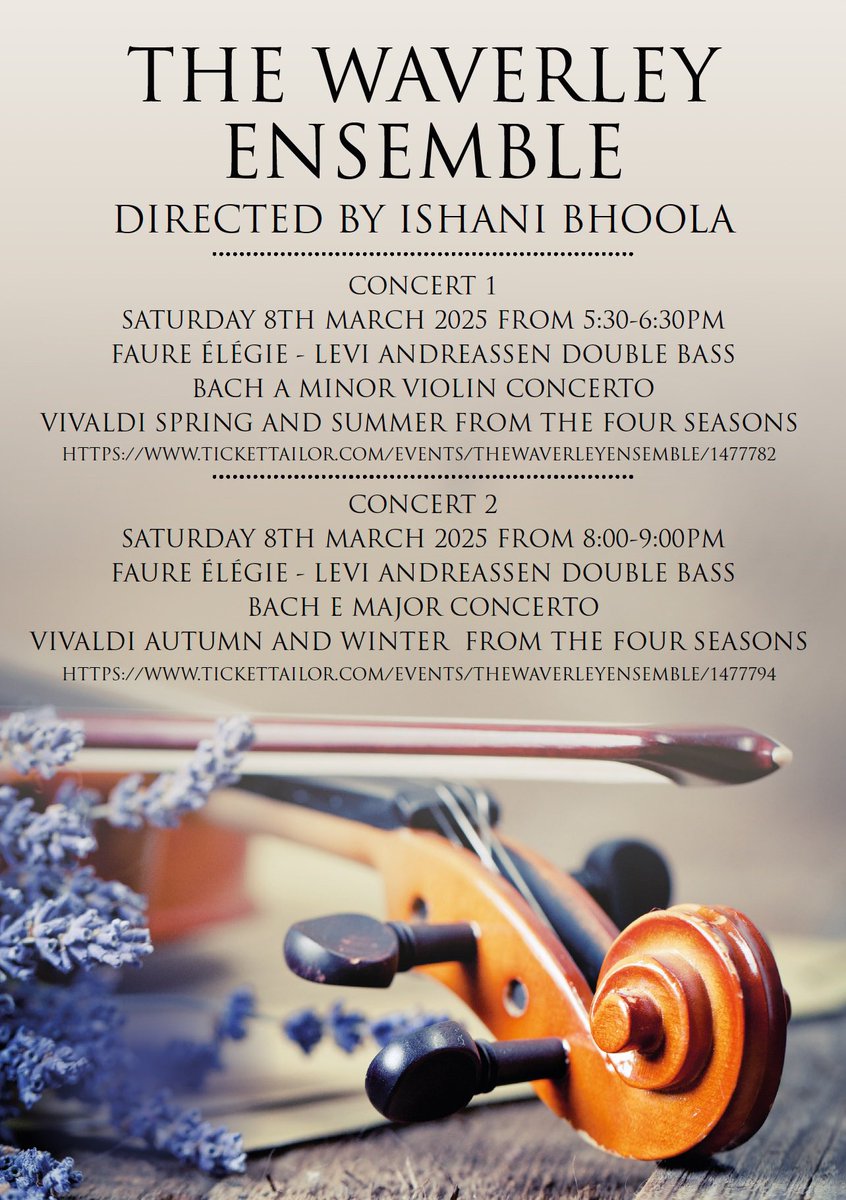 <a href="/waverleyensemb1/">waverley ensemble</a> 2 concerts March 8th  with <a href="/ibhoola/">Ishani</a> &amp; double bass player Levi Anderassen <a href="/RCMLondon/">Royal College of Music</a> <a href="/farnhamherald/">Farnham Herald</a> <a href="/FarnhamYouthChr/">Farnham Youth Choir</a> <a href="/WaverleySingers/">Waverley Singers (also on BlueSky)</a> <a href="/hhh_concerts/">HHH Concerts - Haslemere's Chamber Music Society</a> <a href="/HaslemereChmbr/">Haslemere & District Chamber of Trade & Commerce</a> <a href="/haslemeremuseum/">Haslemere Museum</a> book tickets waverleyensemble.com