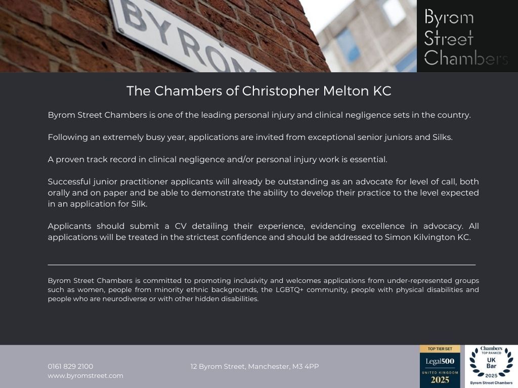ByromStreet's tweet image. Byrom Street are looking to recruit exceptional senior juniors &amp;amp; Silks. A proven track record in Personal Injury and/or Clinical Negligence work is essential. 
Potential applicants who wish to discuss their application may contact, in confidence, simon.kilvington@byromstreet.com