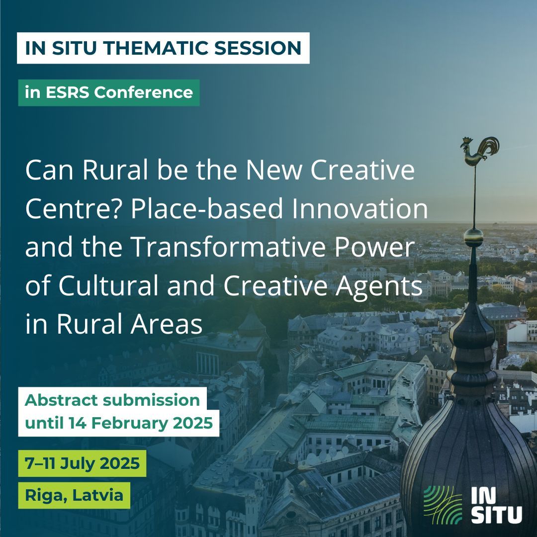 IN SITU will host a session at the #ESRS2025 Conference in Riga (July 2025), exploring the role of cultural &amp; creative agents in rural areas💡 Key topics: innovation, sustainability, rural development, &amp; more! See you there! 🌍 #INSITUCulture

+info: buff.ly/40g1rys