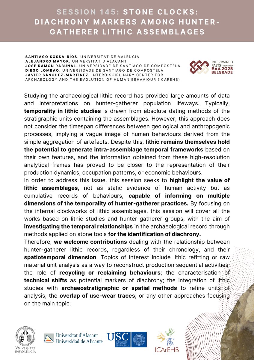 rabunhal's tweet image. 📢Join us in Belgrade #EAA2025 to talk about time ⏲️ and lithics 🪨 in hunter-gatherer archaeology.
@archaeologyEAA
⚙️Session #145 - Stone clocks: diachrony markers among hunter-gatherer lithic assemblages.
📥 Send your proposal before 6 February 📥
🔗 submissions.e-a-a.org/eaa2025/login
