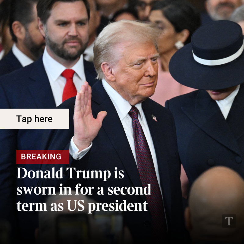 thetimes's tweet photo. 🔺 BREAKING: Donald Trump is sworn in for a second term as US president.

JD Vance was sworn in as vice-president moments earlier.

Click below to follow the ceremony live ⬇️