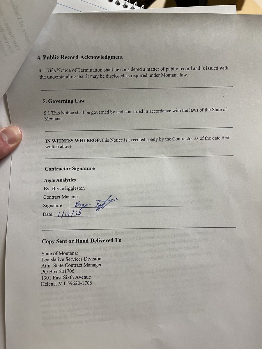 Ellsworth this morning brings the press a copy of the contract termination form with Agile Analytics, says he hopes to “end the manufactured controversy” #mtleg #mtnews
