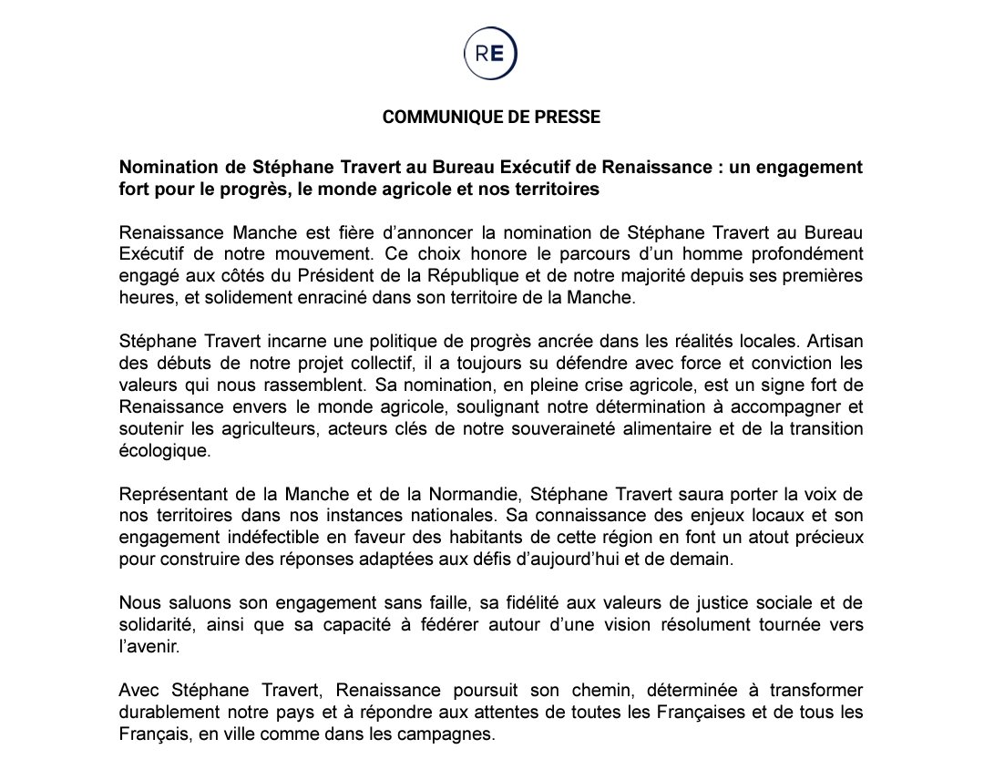 Félicitations à <a href="/StTRAVERT/">STEPHANE TRAVERT Avec Vous</a> pour sa nomination au Bureau Exécutif de #Renaissance ! 🌟 Une reconnaissance méritée pour son engagement auprès du Président, et son ancrage dans la #Manche.

Une voix forte pour la #Normandie et nos territoires 🙌