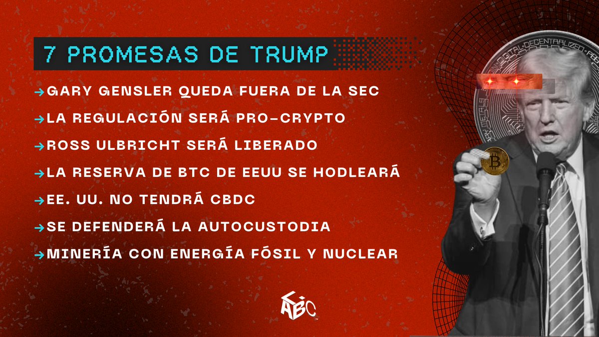 💥 La crypto era de #Trump 💥 Estas son las 7 promesas clave que buscan  transformar el panorama financiero en EE.UU. 👉Desde liberar a Ross  Ulbricht hasta defender la autocustodia y decirle