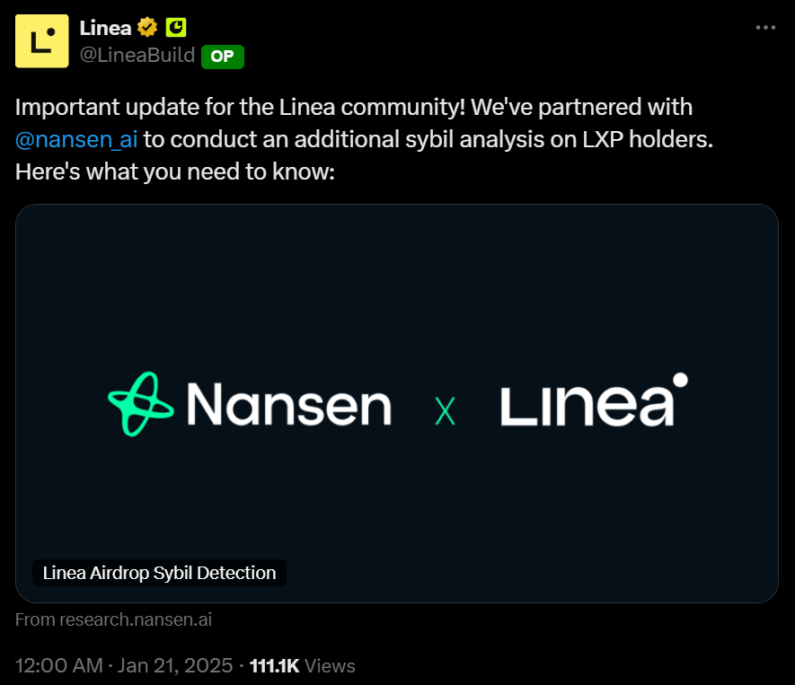 Linea has just partnered with Nansen to identify an additional 476,000 sybils (with POH) 👀

These addresses are now on Linea's blocklist and will not receive any airdrop allocation. Apparently Linea's making an effort to reward "genuine user activity and maintain a vibrant human