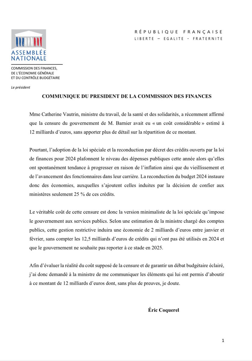 🔴📝Communiqué de presse 

Je demande à la Ministre <a href="/CaVautrin/">Catherine Vautrin</a> de communiquer les éléments qui lui ont permis d’aboutir au coût de la censure à 12 milliards d’euros, sans plus de preuves.