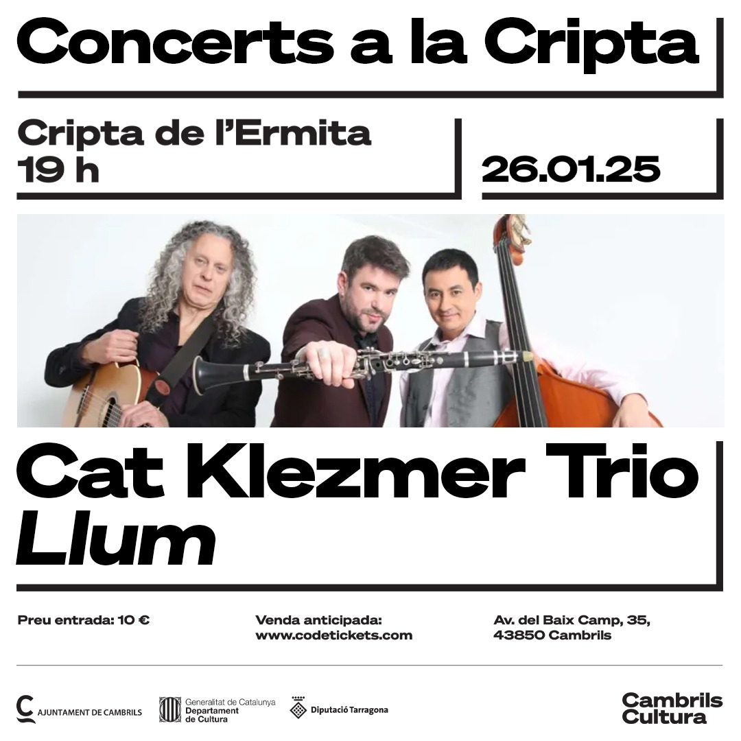 📢 Diumenge 26 de gener!

📆 Cambrils ens espera per començar l’any amb un concert molt especial:
⏰ 19:00h
📍 Cripta de l’Ermita

Presentem el nostre primer disc, amb peces tradicionals klezmer, reinterpretacions de melodies catalanes i composicions pròpies.