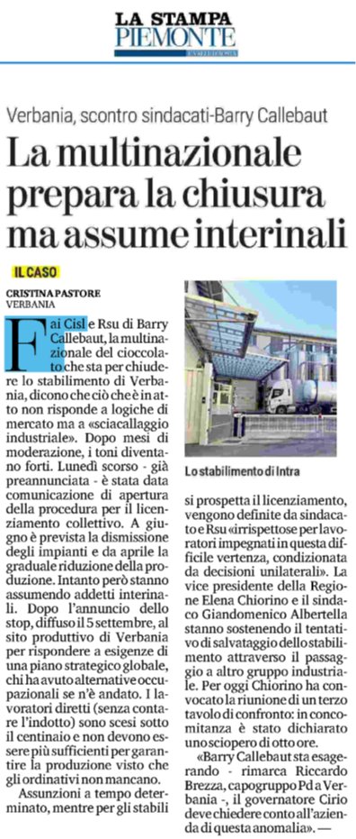 The IUF, with EFFAT-IUF Europe, stands in full #solidarity with <a href="/fai_cisl/">Fai-Cisl Nazionale</a> and its Barry Callebaut members in Intra, Italy who took industrial action again today (Jan. 20) in defense of workers’ livelihoods and with an aim to preserve the Intra factory as a production site.