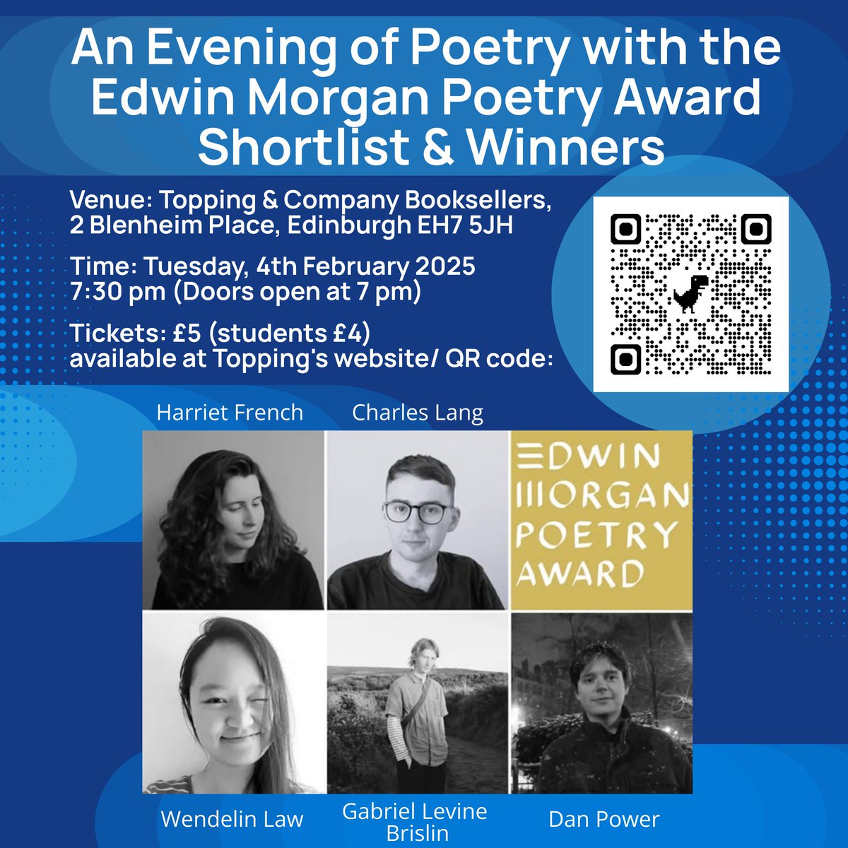 📢 If you’re in/around Edinburgh on February 4th, head to <a href="/ToppingsEdin/">Topping & Company Booksellers of Edinburgh</a> to hear Charles Lang read from his forthcoming collection The Oasis, alongside other <a href="/EdMorganTrust/">Edwin Morgan Trust</a> finalists and winners! A sneak preview of some of the finest new poetry.

🎫Tickets: toppingbooks.co.uk/events/edinbur…