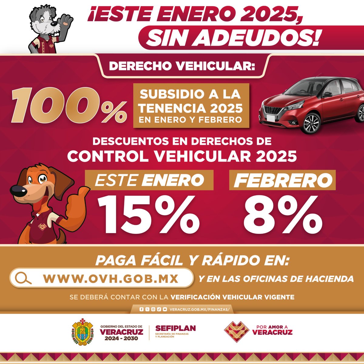 Al realizar el pago de los Derechos de Control Vehicular y Tenencia, podrás acceder a descuentos y beneficios.🚘  

¡Ingresa a ➡️ ovh.gob.mx para conocer más!

¡Es fácil y seguro!